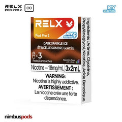 RELX Infinity Pod Pro 2 Dark Sparkle Ice Cola packaging featuring three cola-flavored vape pods with a fizzy aesthetic.